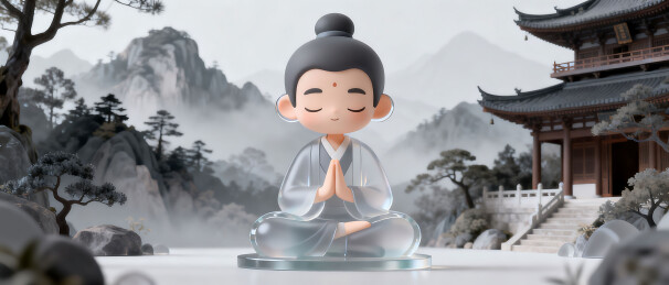 卡通人物禅修于古典园林
