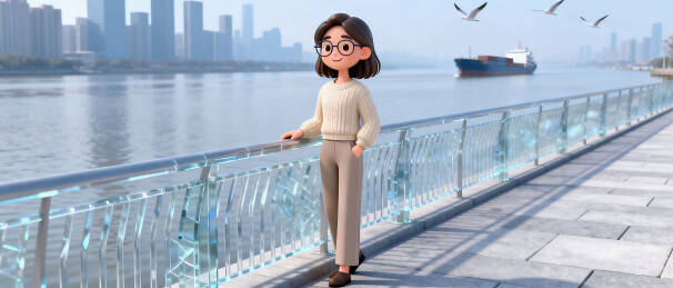 卡通女子江边眺望城市风光