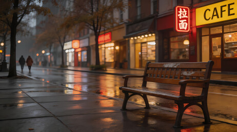 雨夜街边空木椅