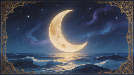 新月映海夜空星云