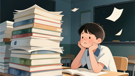 备考季学生面对厚厚的复习资料书