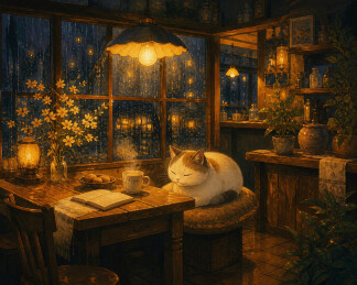 雨夜小店暖灯睡猫