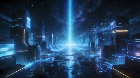 幽蓝光芒科幻城市映衬星空