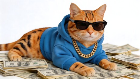 时尚橘猫躺金钱上
