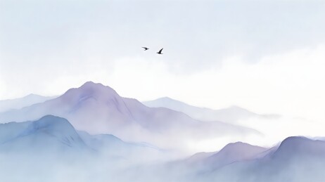 云雾山峦与飞鸟