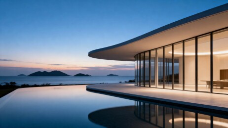 现代建筑临海泳池夜景