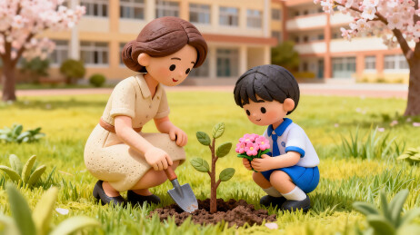 卡通母子种树浇花温馨场景