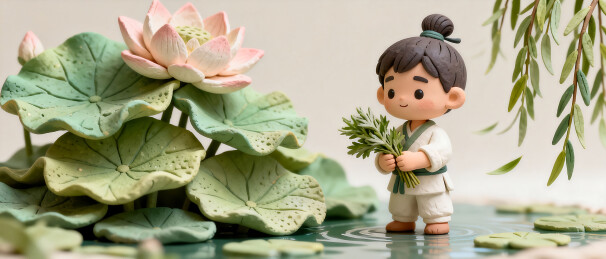 手办人物手持草药立于荷塘旁