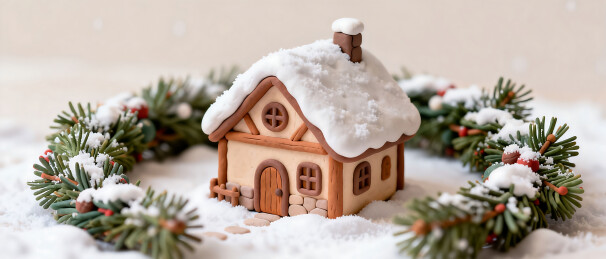 雪景小屋与松枝花环
