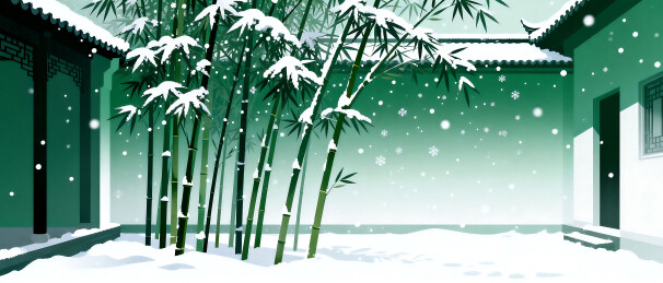 雪中翠竹庭院静谧景