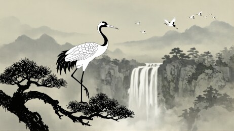 松枝仙鹤临瀑远山水墨画