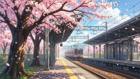 樱花车站春日日系插画