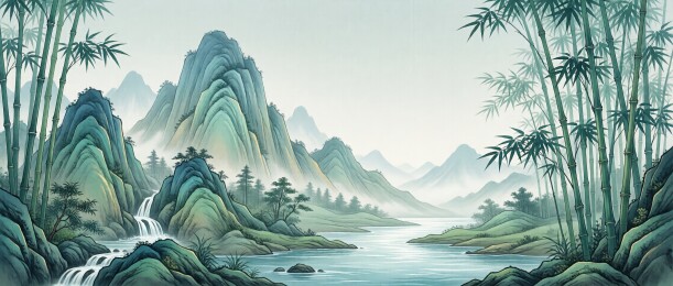 青绿山水竹林幽谷瀑布意境画