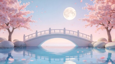 春日樱花月下白桥