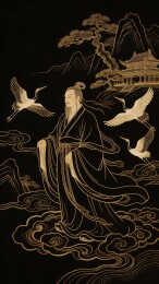 国风古建人物描金背景
