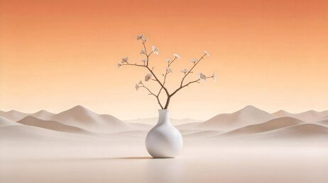 花瓶插花与山景