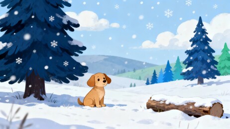 雪地里一只小狗坐在松树旁