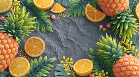 黑色岩石上环绕摆放的水果菠萝3D背景画框
