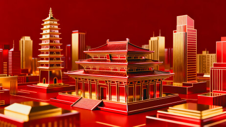 红金中式城市建筑微缩景观