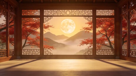 中式庭院秋夜观月