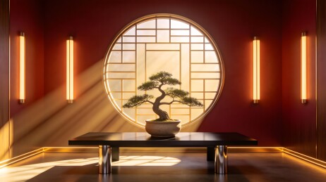 室内盆景与圆形窗