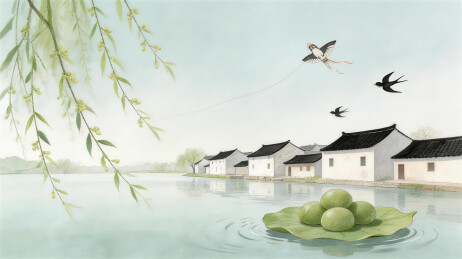 柳岸飞燕临水民居春景