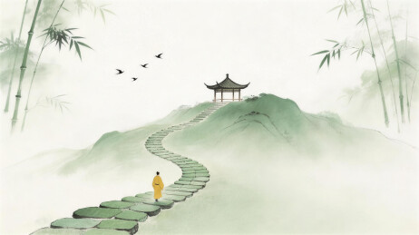山间小道僧人独行画面