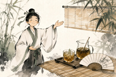 竹帘凉茶折扇童子