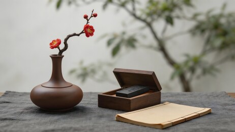 红梅花插瓶与文房雅器