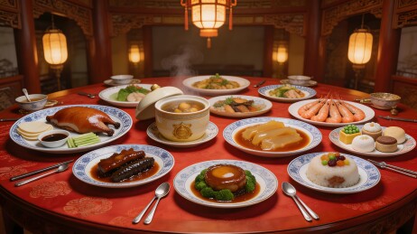 中式盛宴摆满佳肴与餐具