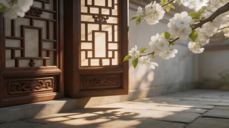 传统木门与白花庭院