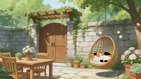 温馨庭院花猫在藤编吊椅中安然入睡