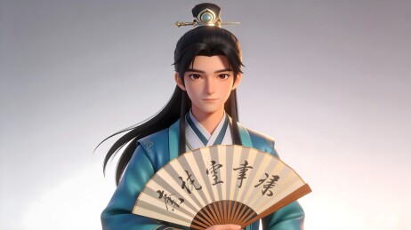 古装蓝衣美男手持折扇半身像