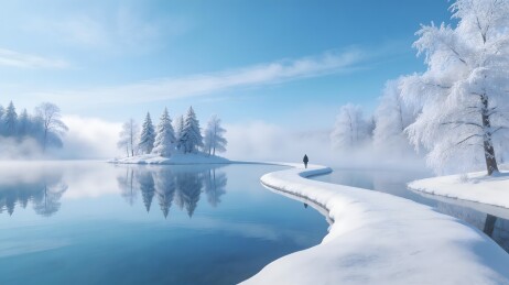 冬日雪湖岸边一人行走的景象