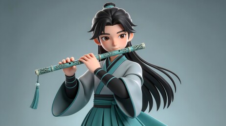 3D古风人物吹奏横笛插画