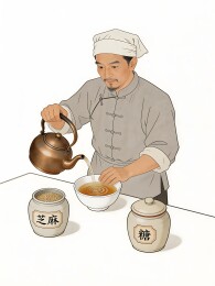 穿灰色唐装男子手提铜壶往碗里倒茶水
