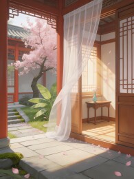 阳光洒进庭院的樱花与纱帘