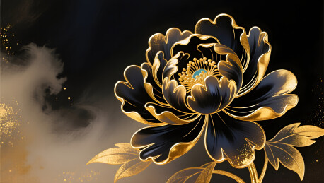 传统美学暗金牡丹花高贵神秘插画