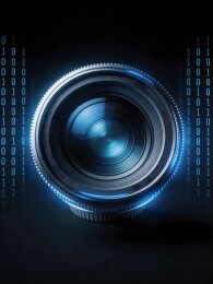 充满未来感的蓝色发光镜头与数字代码