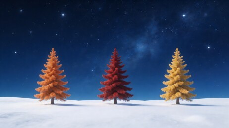 璀璨星空下三棵彩色松树立于雪地中
