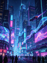 赛博朋克未来都市霓虹夜景 3D 渲染图