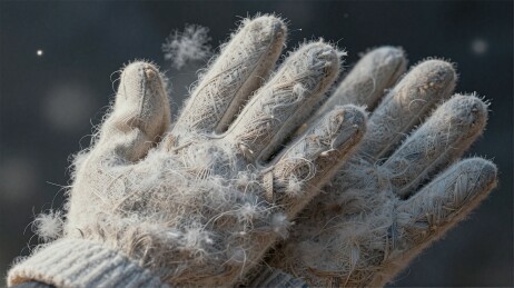 破旧手套上的雪花