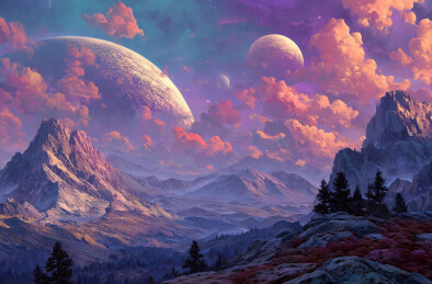 奇幻星球山脉与双月天空