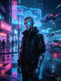赛博朋克雨夜城市半机械人赛博格霓虹街头