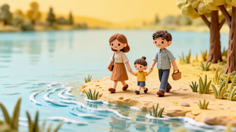 黏土家庭湖畔散步温馨场景