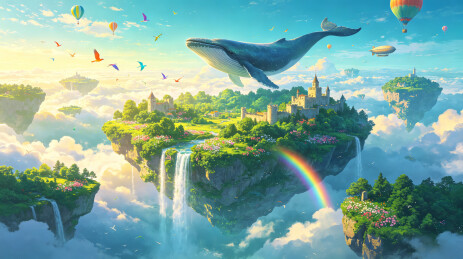 宫崎骏风格浮空岛城堡飞鲸彩虹插画
