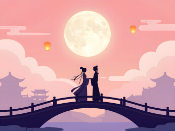 七夕节牛郎织女相会剪影卡通插画