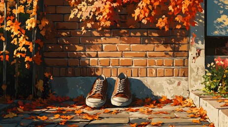 斑驳砖墙旁的磨损皮鞋
