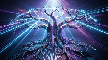 一棵充满科技感的发光树光芒四射根系复杂