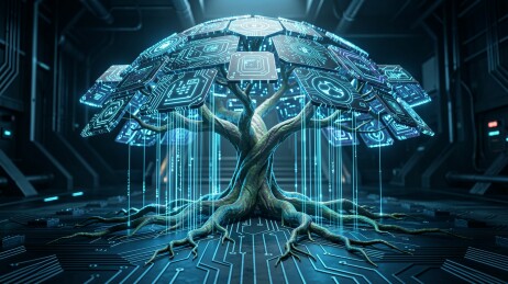 一棵树状的科技树冠由电路板和芯片构成散发